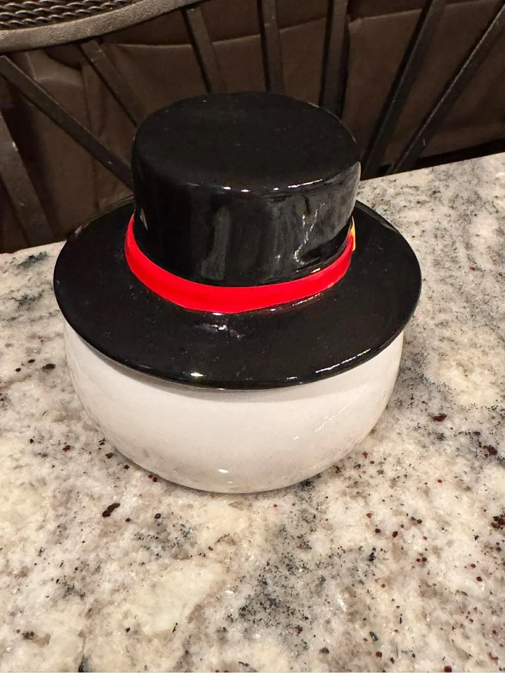 Ceramic Snowman Jar - White with Black Hat and Red Trim